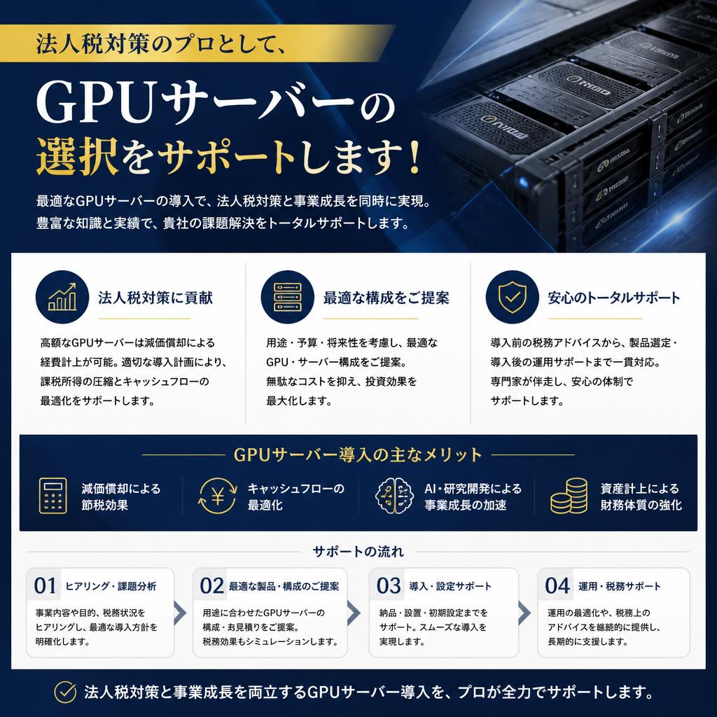 法人税対策のプロとして、GPUサーバーの選択をサポートします！